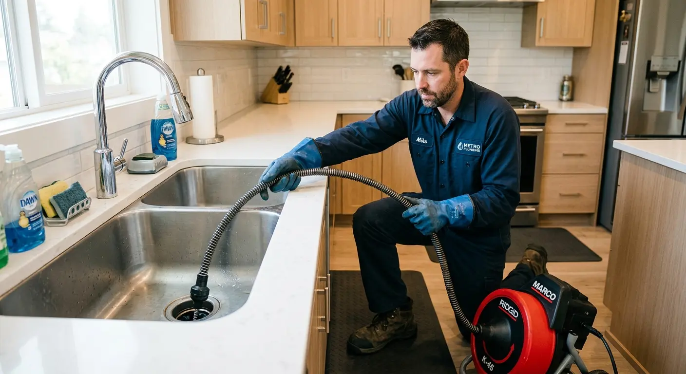 Drain cleaning technician using a motorized snake on a kitchen sink in Oak Grove