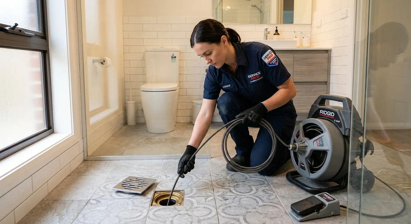 Technician clearing a bathroom floor drain for Hydro Jetting in Oak Grove